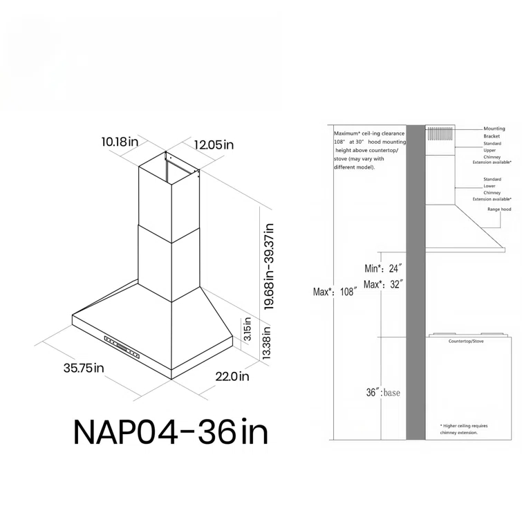 Fuhuoso 36 in. 900CFM Convertible Wall Mount Range Hood with 4 Lights,Remote,Touch Control,Long-term Warranty in Stainless Steel