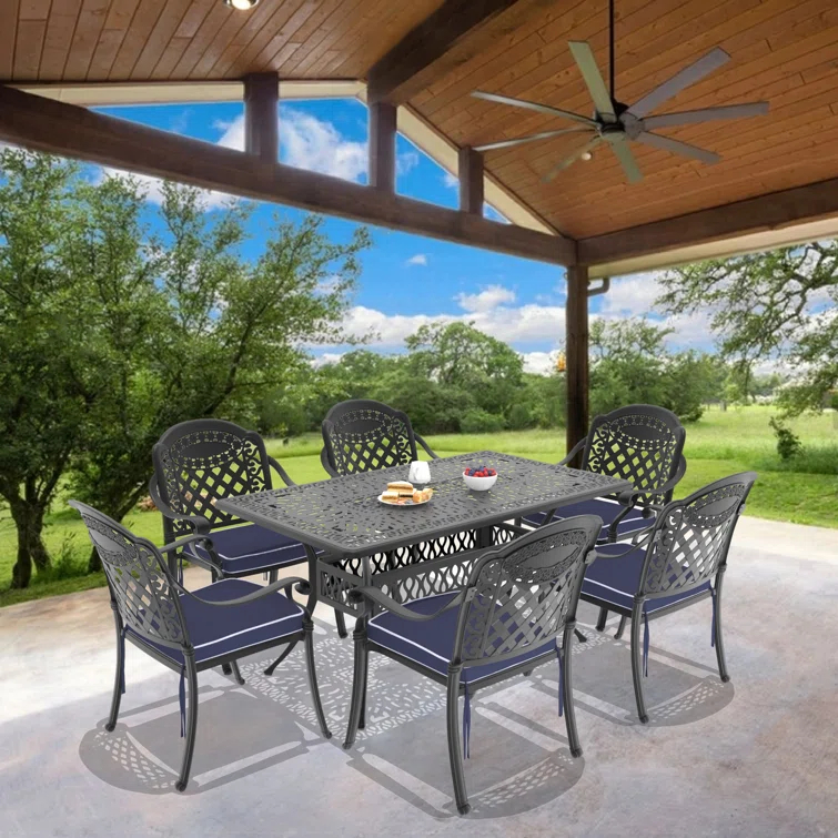 MIRROR FLY 58.27"L 34.65"W Rectangular Table Cast Aluminum Outdoor Dining Set with Umbrella Hole and Red Cushions
