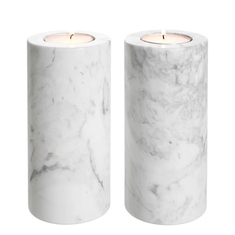 White Marble Tealight Holders with Black Veins, Set of 2
