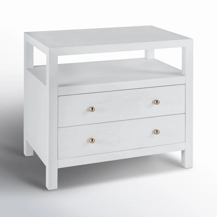 Textured White Acacia Wood 2-Drawer Nightstand with Open Shelf