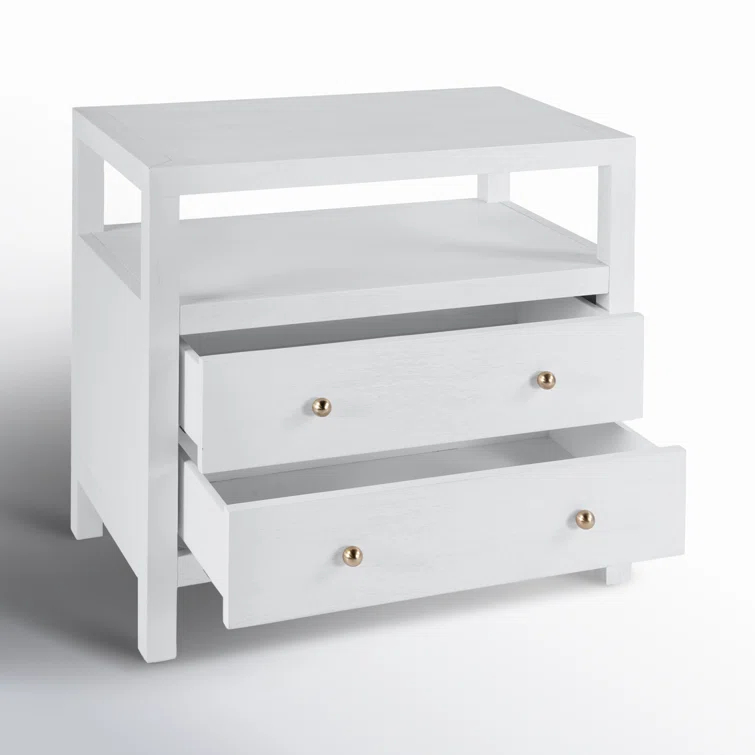 Textured White Acacia Wood 2-Drawer Nightstand with Open Shelf
