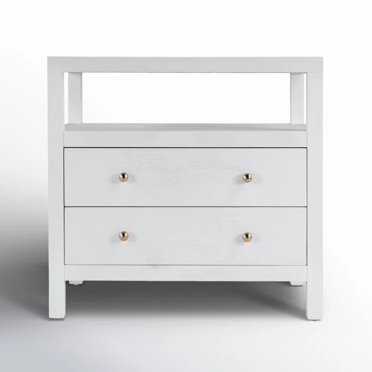 Textured White Acacia Wood 2-Drawer Nightstand with Open Shelf