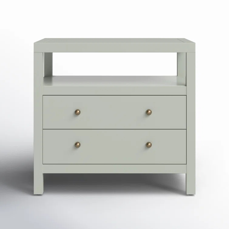 Sage Green Acacia Wood 2-Drawer Nightstand with Open Shelf