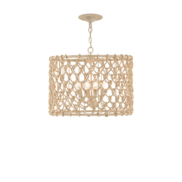 Beige and Smokewood Rope Drum Chandelier with 4 Lights