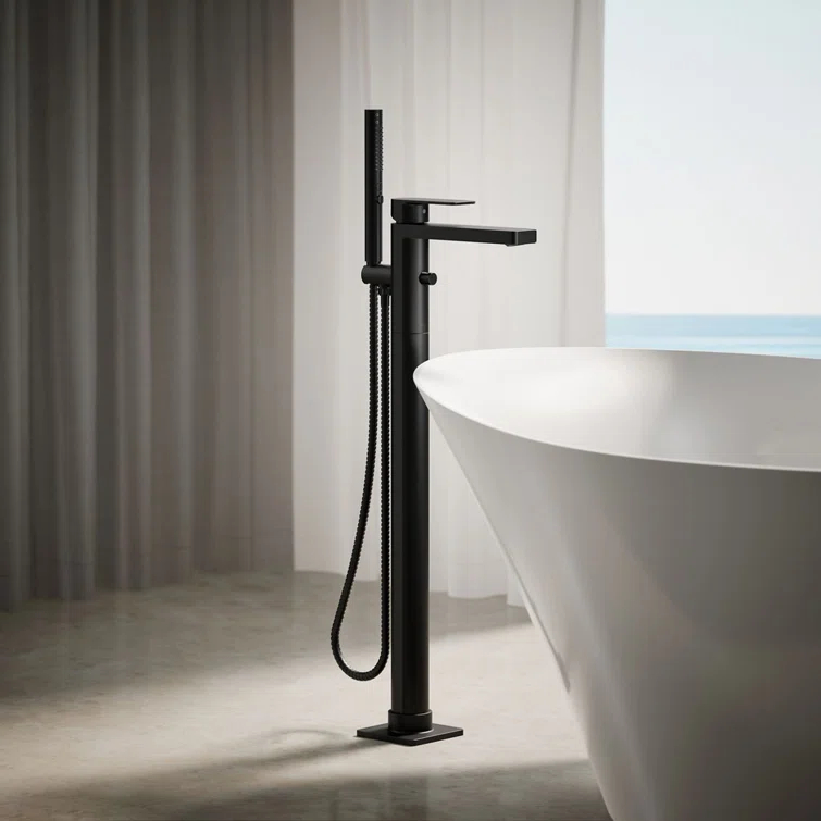 Parallel Floor-Mount Bath Filler Trim With Handshower
