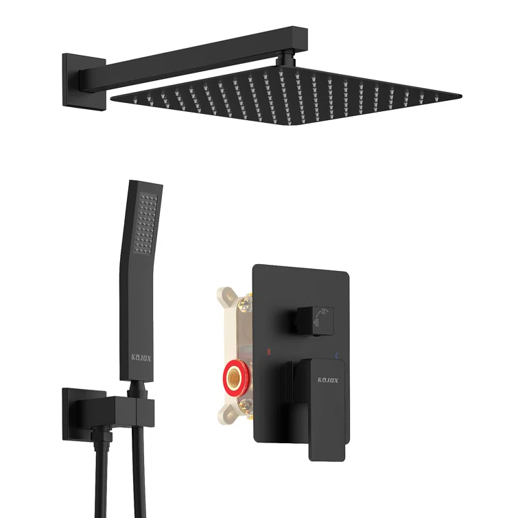 12" Black Rain Shower System With Handheld, Mixer Combo Set, Wall Mounted Faucet & Trim Kit