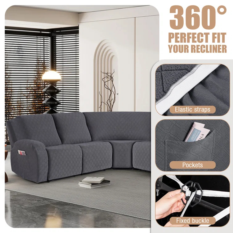 5-Pieces Recliner Corner Sectional Sofa Slipcovers- Oversized Box Cushion Reclining Sofa Covers for L Shaped Couch with Pockets ( 5 Seater)