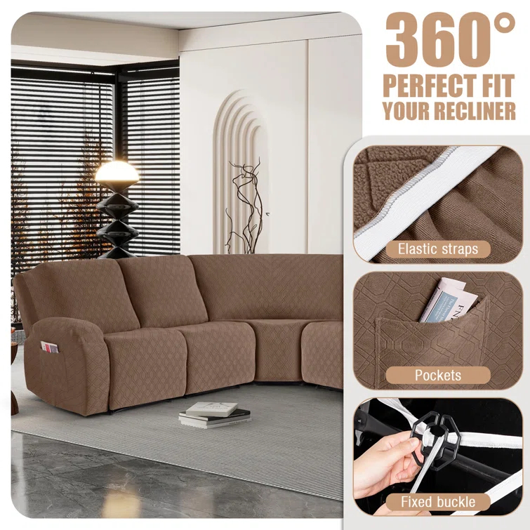 5-Pieces Recliner Corner Sectional Sofa Slipcovers- Oversized Box Cushion Reclining Sofa Covers for L Shaped Couch with Pockets ( 5 Seater)