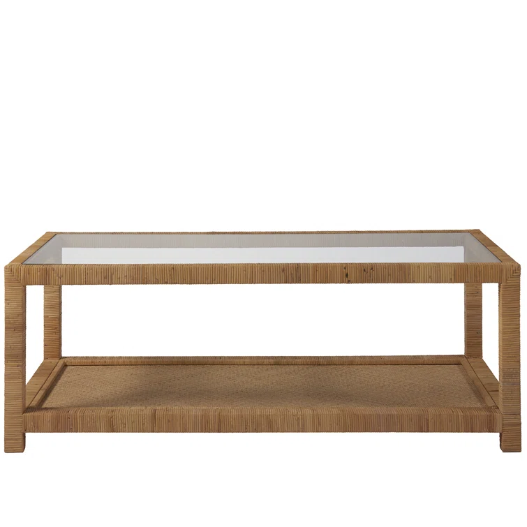Coastal Charm 50'' Brown Wood and Glass Rectangular Coffee Table with Storage