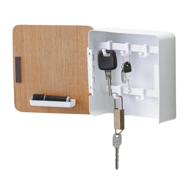 Yamazaki Home Square Magnetic Key Cabinet, Wood Accented Keychain Organizer, Steel + Wood, Magnetic