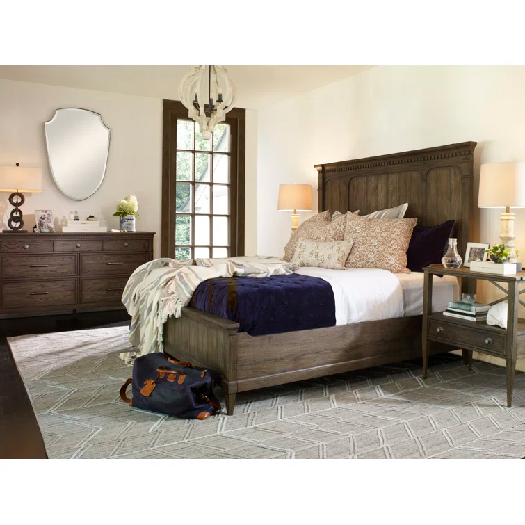 King Size Dark Brown Wood Frame Panel Bed with Headboard