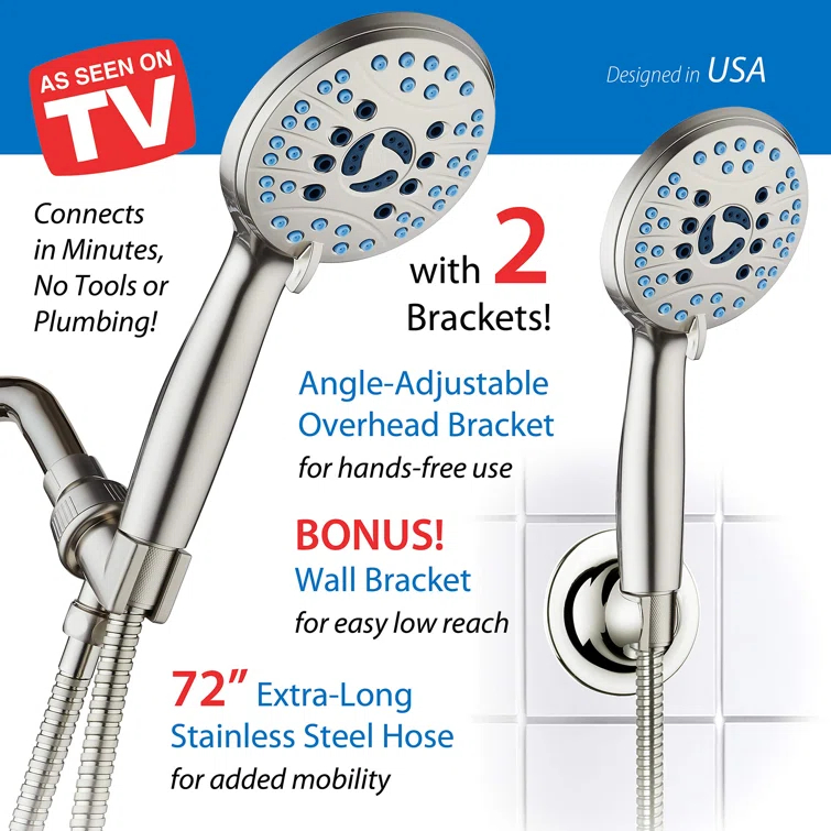 High Pressure 8-Mode Handheld Shower Head, Anti-Clog Nozzles, Built-In Power Wash To Clean Tub, Tile & Pets, Extra Long 6 Ft. Stainless Steel Hose, Wall & Overhead Brackets