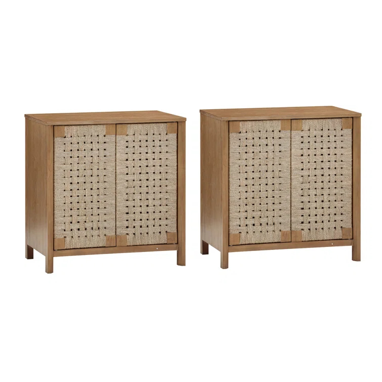 Rustic Wood TV Stand Cabinet With Seagrass Door Panels