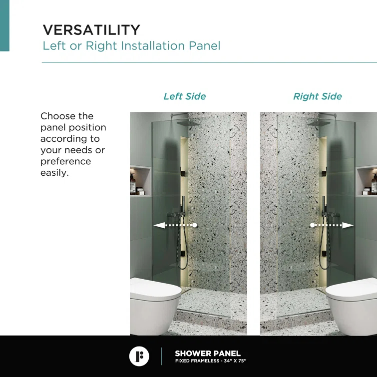 34'' W x 74.25'' H Semi-Frameless Fixed Glass Panel