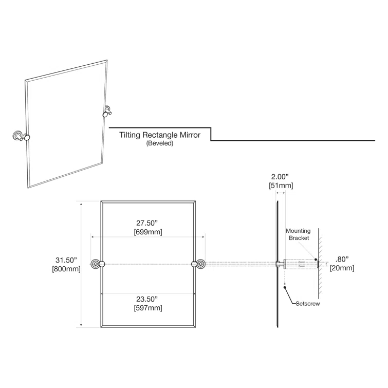Latitude II Wall Mounted Frameless Beveled Rectangle Mirror | Pivoting Bathroom Vanity Wall Mirror