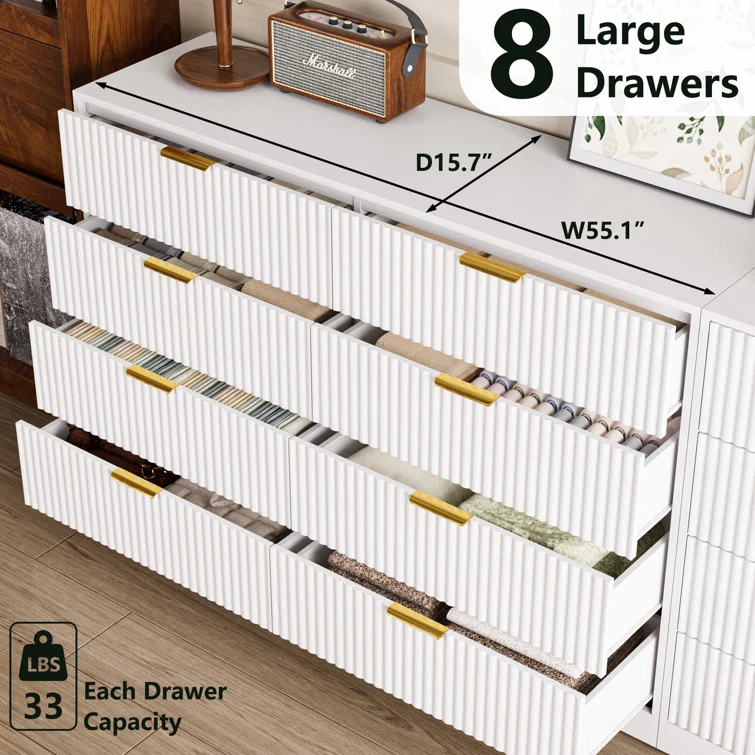 Fluted Dresser For Bedroom With 8 Drawers, 55" Wide Modern Chest Of Drawers With Metal Handle