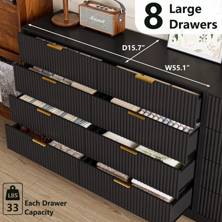 Fluted Dresser For Bedroom With 8 Drawers, 55" Wide Modern Chest Of Drawers With Metal Handle