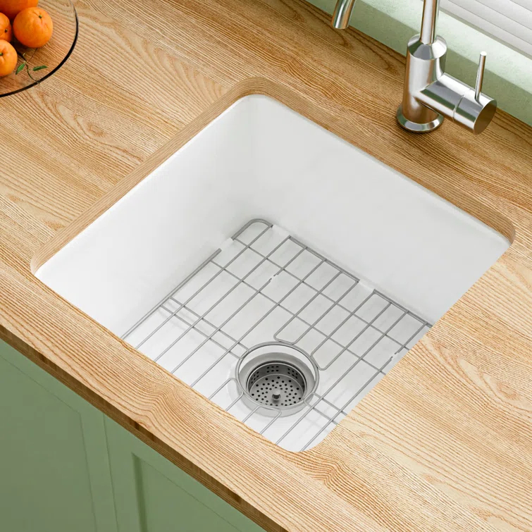 18" L x 18" W Single Bowl Fireclay Kitchen Sinks White with Bottom Grids and Basket Strainer