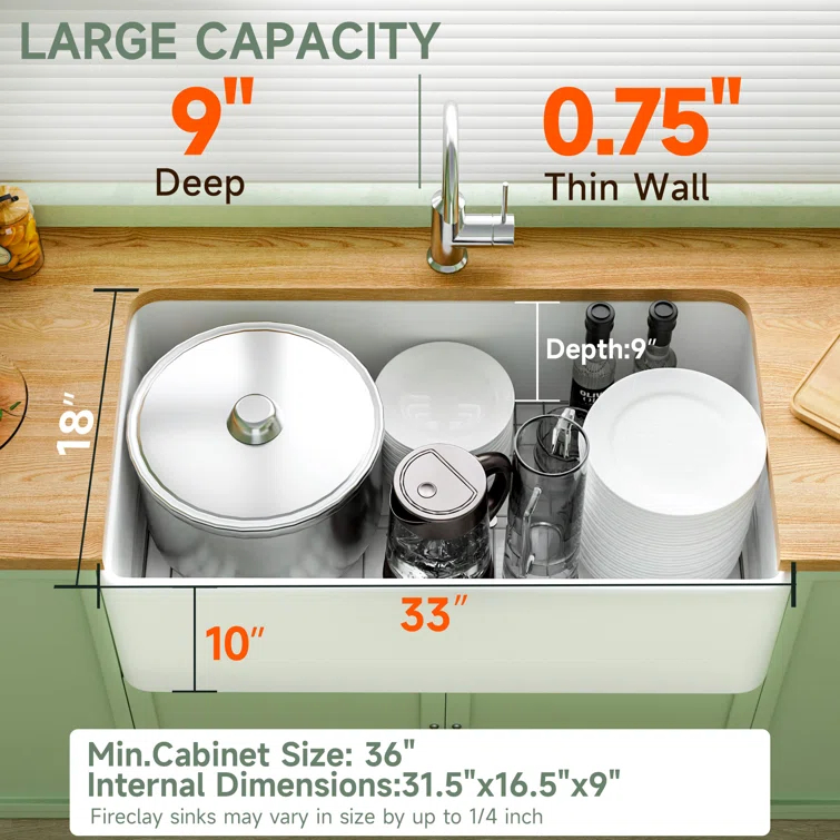 Apron Front Kitchen Sink 33" L x 18" W Single Bowl Fireclay with Bottom Grid and Basket Strainer