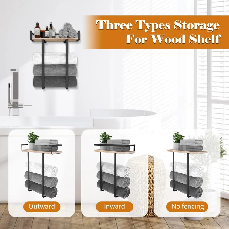 Towel Racks For Bathroom Wall Mounted, Xstydes Metal Towel Holder With Wooden Shelf For Folding Large Towels, Towel Storage For Small Bathroom Organizer Decor Or RV Camping