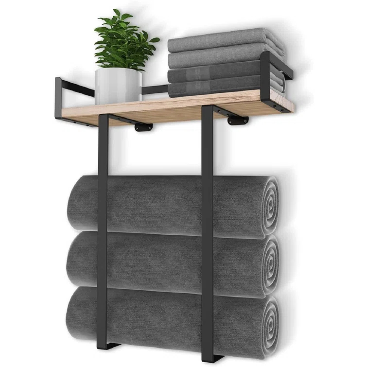 Towel Racks For Bathroom Wall Mounted, Xstydes Metal Towel Holder With Wooden Shelf For Folding Large Towels, Towel Storage For Small Bathroom Organizer Decor Or RV Camping