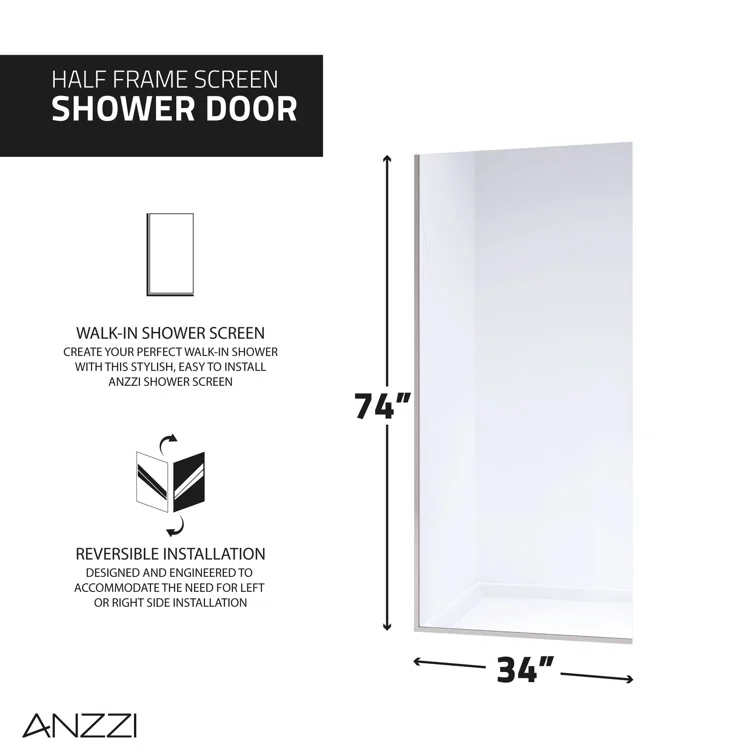 Veil Series 34” W x 74” H Frameless Glass Fixed Shower Screen Shower Door