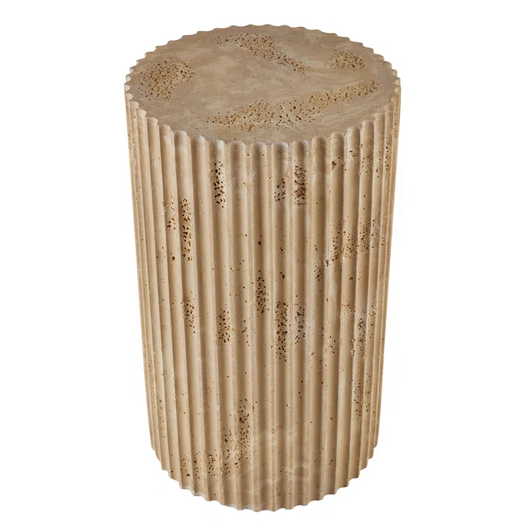 Round Beige Travertine Stone Fluted Accent Table