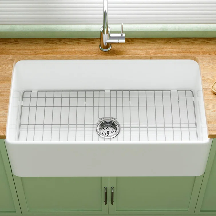 Apron Front Kitchen Sink 33" L x 18" W Single Bowl Fireclay with Bottom Grid and Basket Strainer