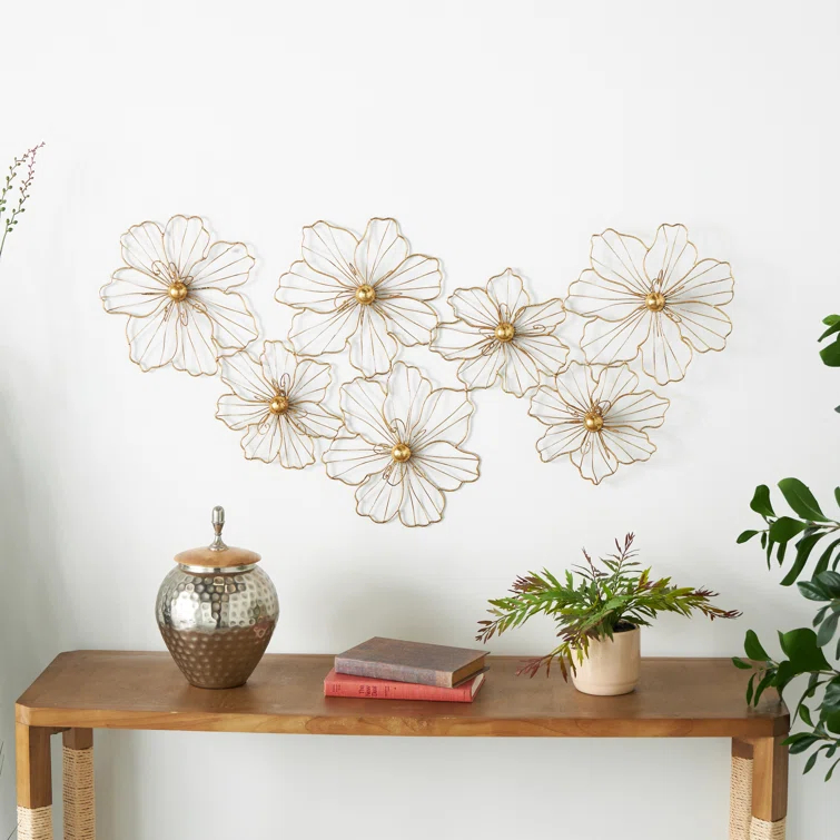 Metal Wire Foiled Floral Home Wall Decor with Scroll Accents