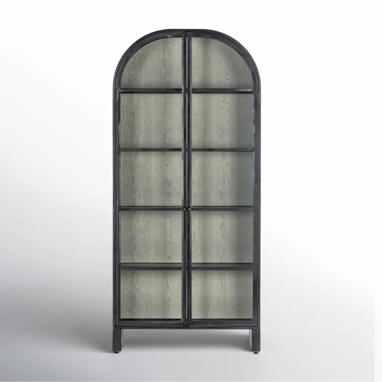 Tall Black Iron and Vintage White Oak Arched Display Cabinet