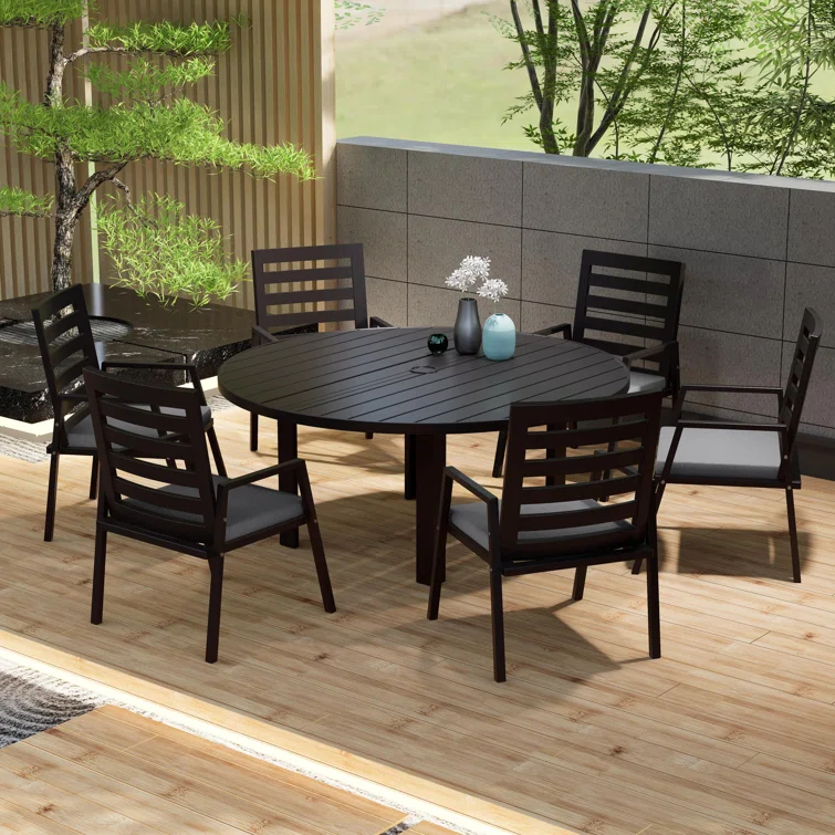 7-Piece Patio Dining Set With 60" Round Aluminum Dining Table And 6 Dining Armchair