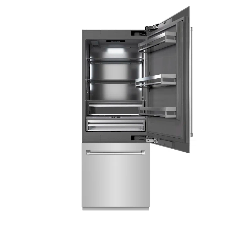 ZLINE 30 in. 16.1 cu. ft. Built-In Bottom Freezer Refrigerator with Water Dispenser and Ice Maker in Satin Stainless Steel with Graphite Gray Interior