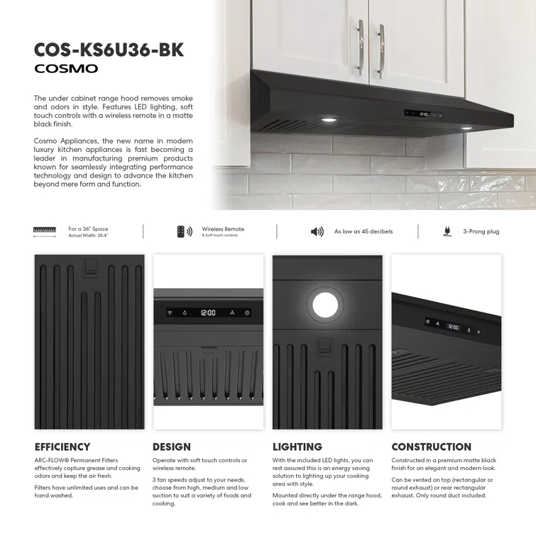 Cosmo 36 In. Haven Collection 500 Cfm Ducted Under Cabinet Range Hood, Touch Controls, Led Lights In Matte Black