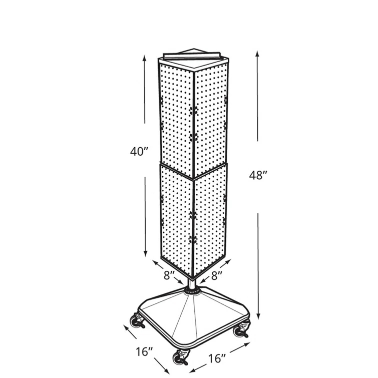 Azar Displays 703388-GRE Four-Sided Pegboard Floor Display on Revolving Wheeled Base. Spinner Rack Tower. Panel Size: 8"W x 40"H