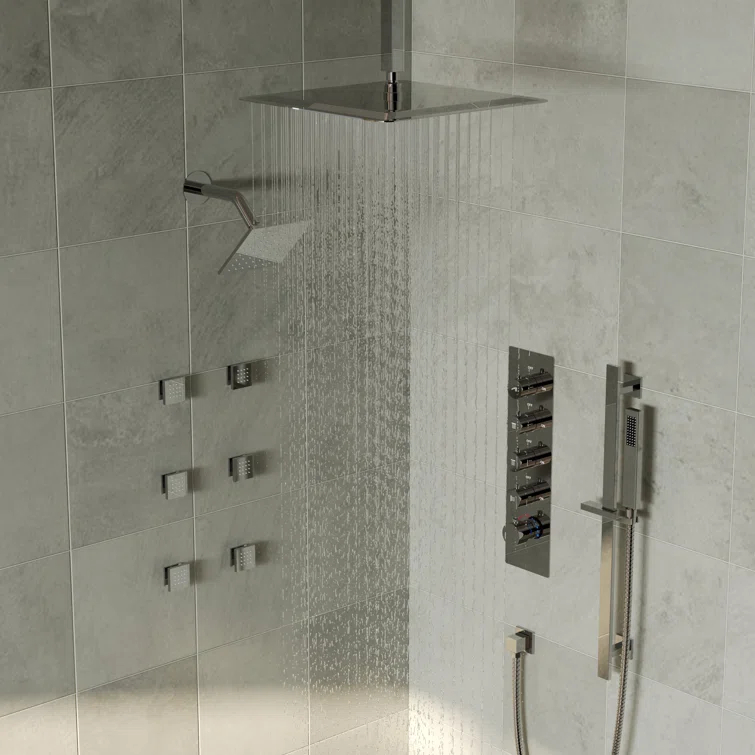 DualJetSpa 16-Inch Rainfall Shower System with Handheld Spray, Dual Showerheads, 6 Body Jets, and Thermostatic Valve