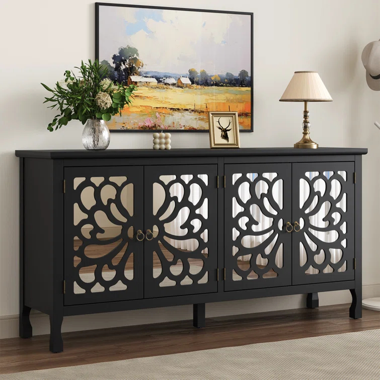 63" Carved Buffet Cabinet With Mirrored Door