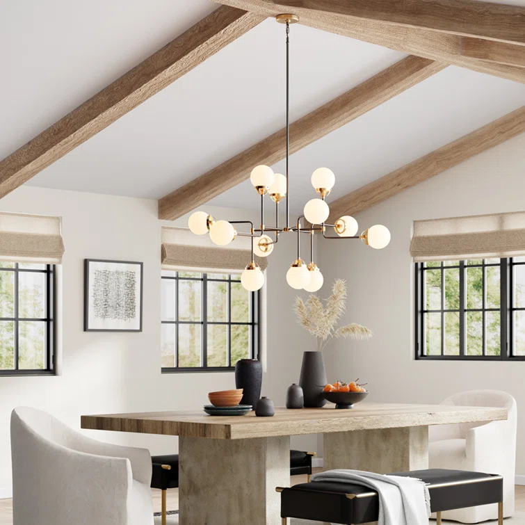 Cafe 12-Light Satin Brass Industrial Hanging Chandelier with Etched/White Inside Glass Shades
