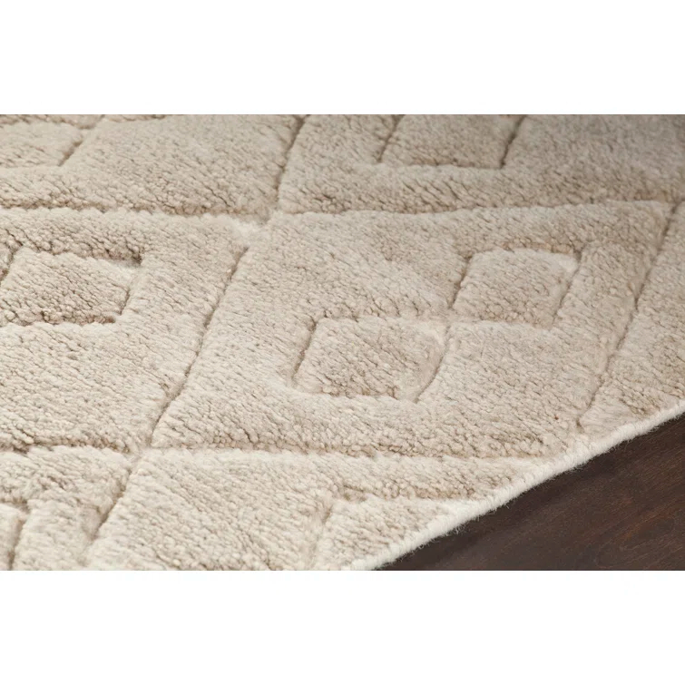 Ivory Geometric Hand-Knotted Wool 5' x 7' Rug