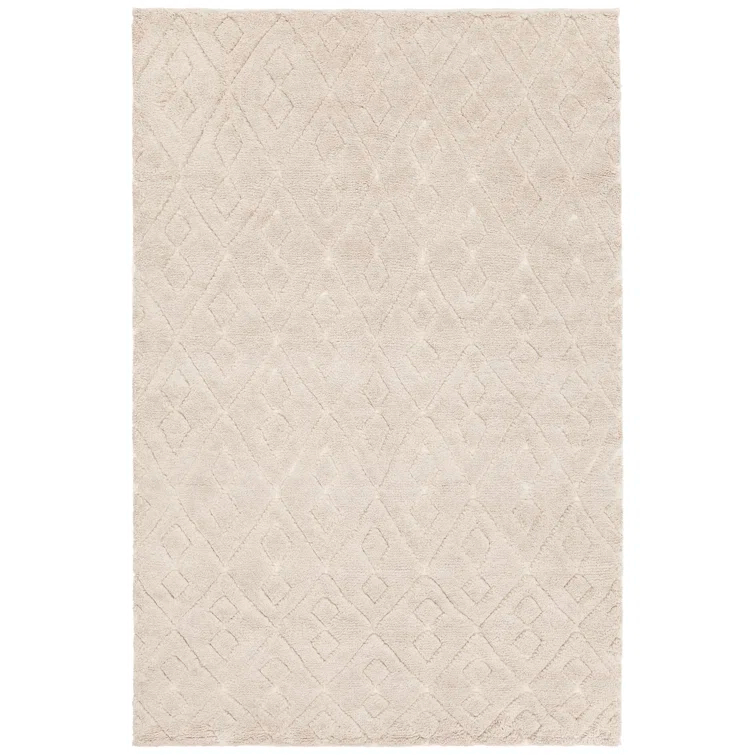 Ivory Geometric Hand-Knotted Wool 5' x 7' Rug