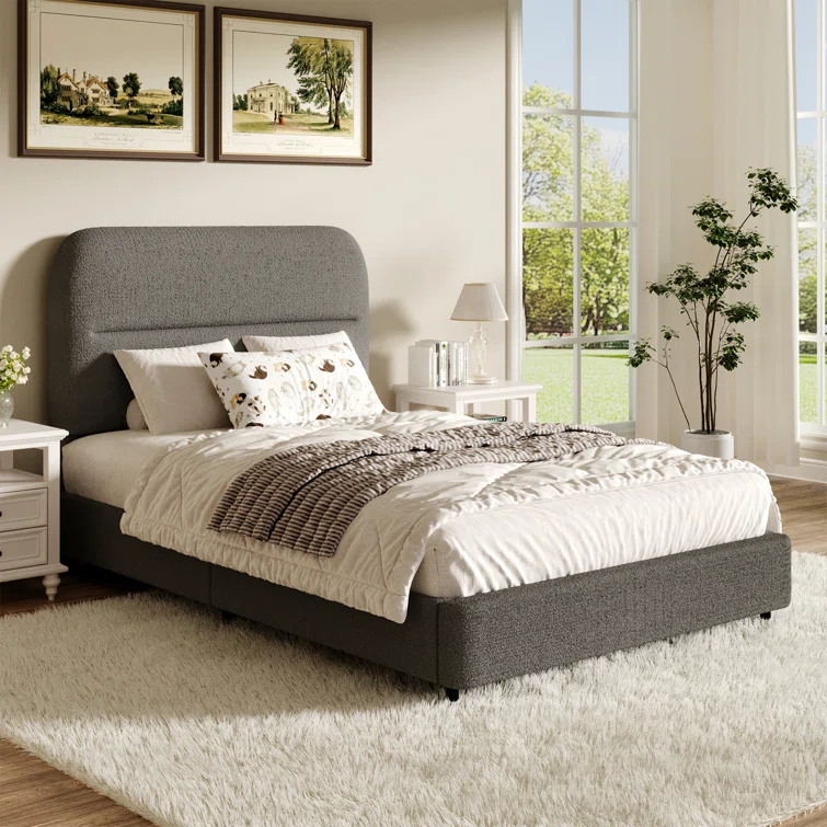 Manfred Boucle Upholstered Cloud Bed Frame with Rounded Corners Headboard, Soft Platform Bed Frame with Thickened Footboard