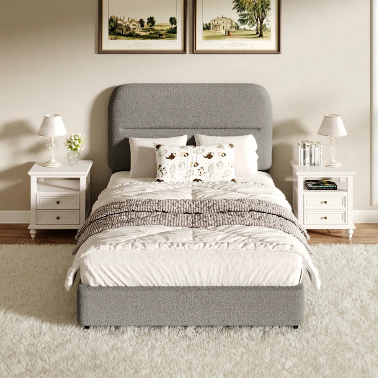 Manfred Boucle Upholstered Cloud Bed Frame with Rounded Corners Headboard, Soft Platform Bed Frame with Thickened Footboard