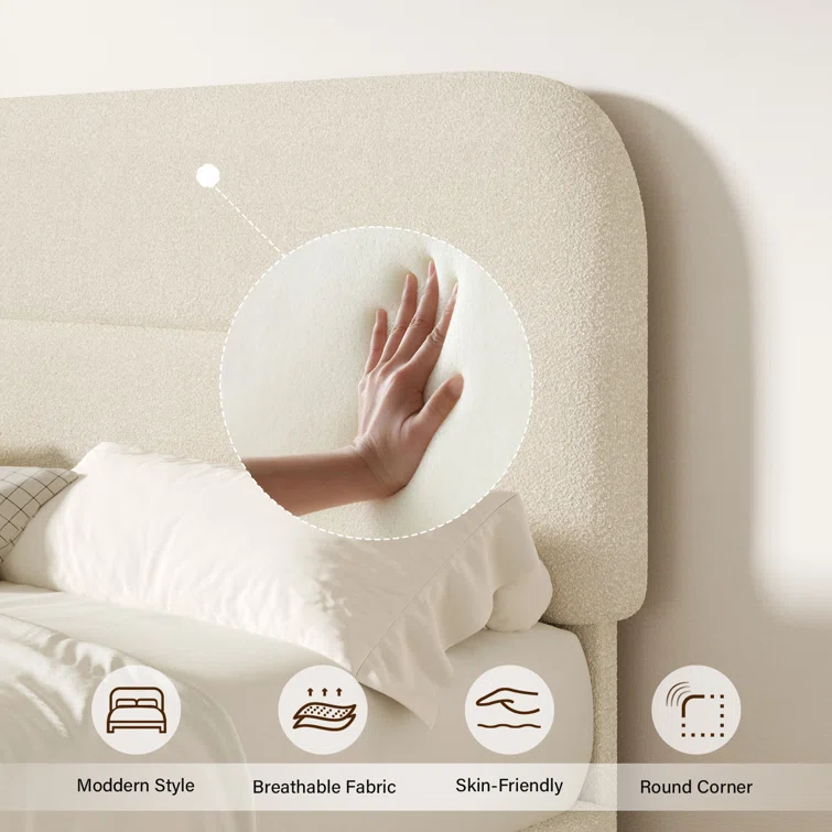 Manfred Boucle Upholstered Cloud Bed Frame with Rounded Corners Headboard, Soft Platform Bed Frame with Thickened Footboard