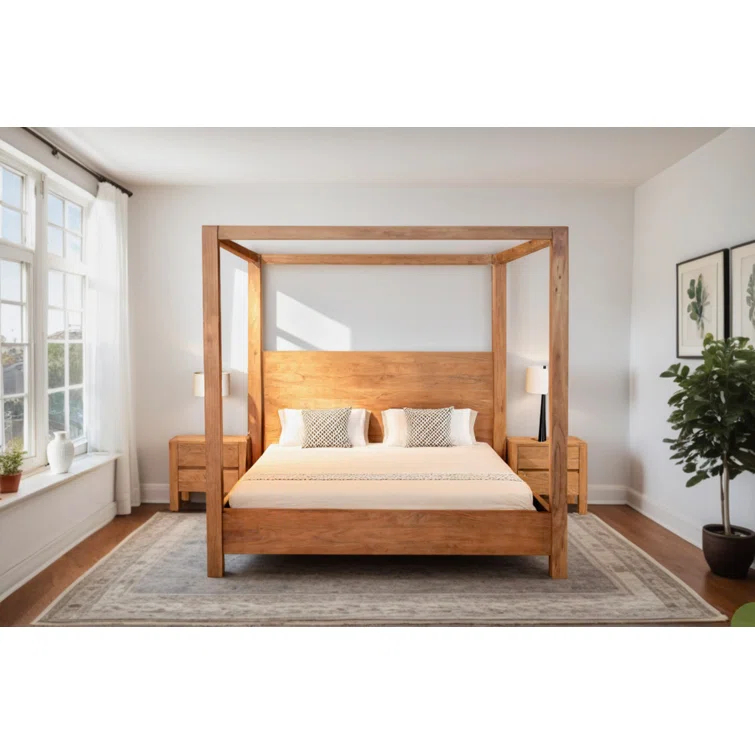 King Brushed Acacia Wood Canopy Bed Frame