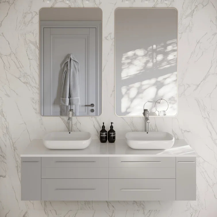 Fresca Lucera 60" Wall Mount Double Sink Modern Bathroom Vanity with Top and Vessel Sinks