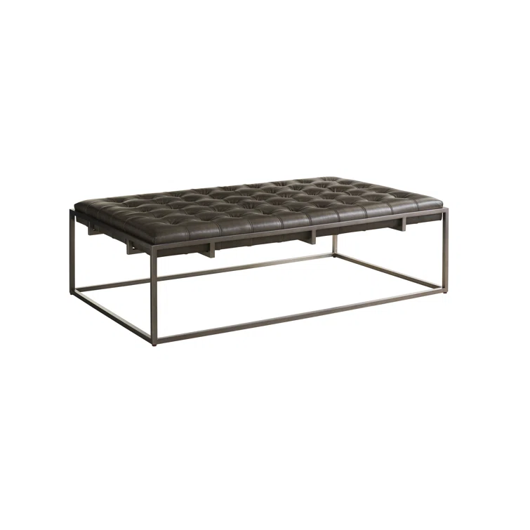 Travers Black Tufted Suede Cocktail Ottoman with Stainless Steel Base