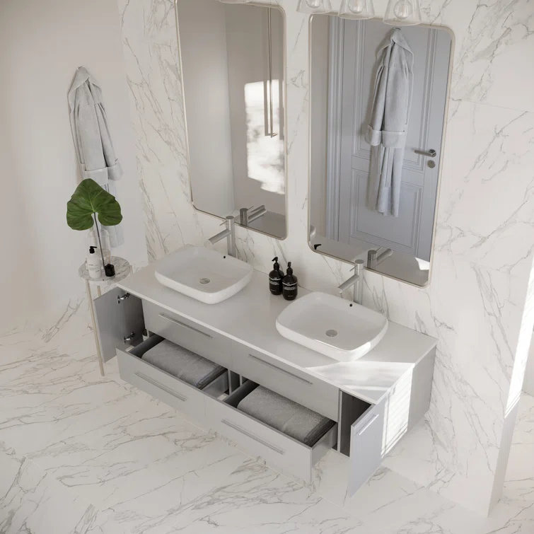 Fresca Lucera 60" Wall Mount Double Sink Modern Bathroom Vanity with Top and Vessel Sinks