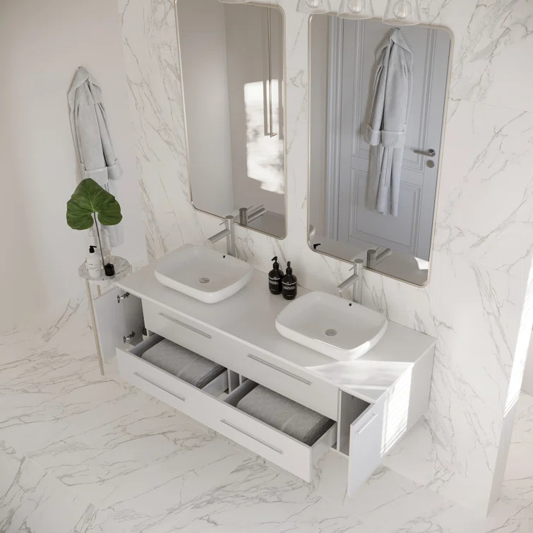 Fresca Lucera 60" Wall Mount Double Sink Modern Bathroom Vanity with Top and Vessel Sinks