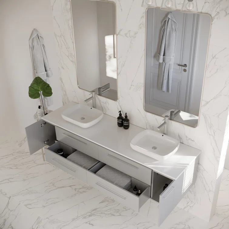 Lucera 72" Wall Mount Modern Bathroom Vanity with Top & Double Vessel Sinks - Faucets Not Included