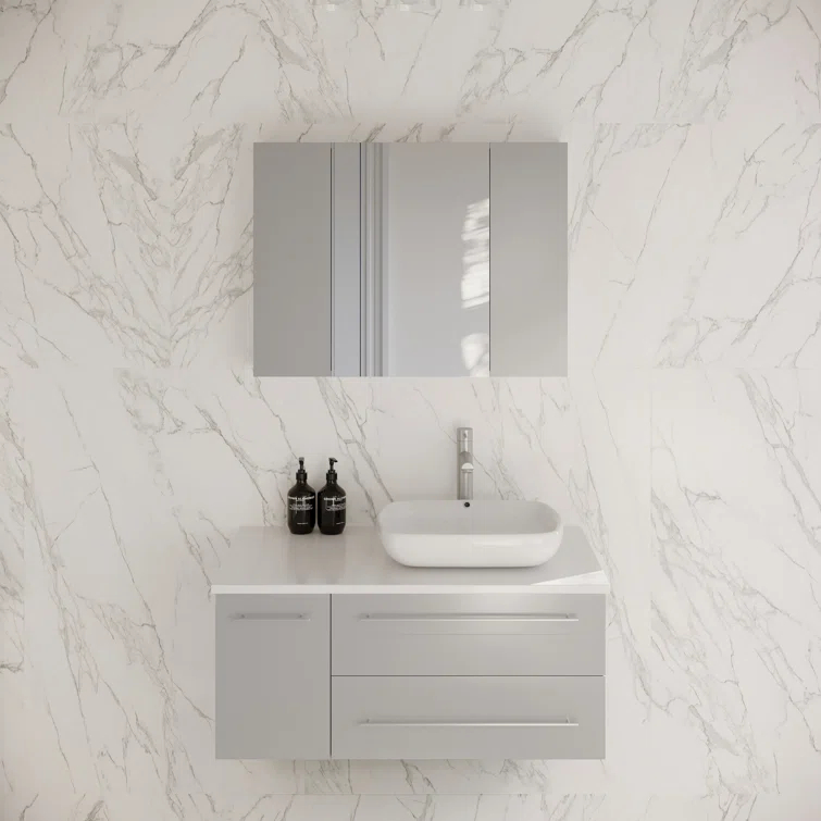 Lucera 36" Wall Mount Single Vessel Sink Right Version Bathroom Vanity with Medicine Cabinet