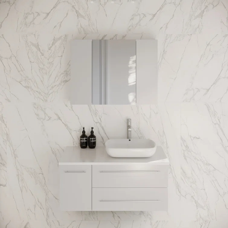 Lucera 36" Wall Mount Single Vessel Sink Right Version Bathroom Vanity with Medicine Cabinet